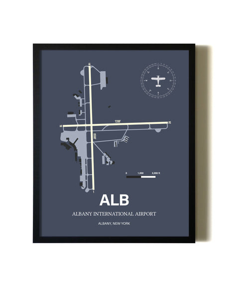 Blue and Cream Framed Albany International Airport layout wall art poster