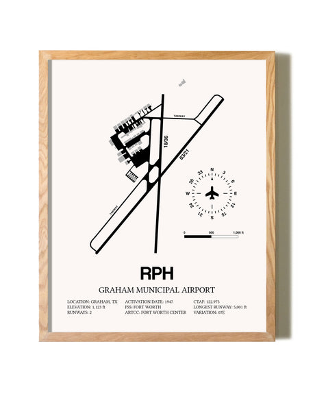 Graham Municipal Airport framed print in natural wood frame