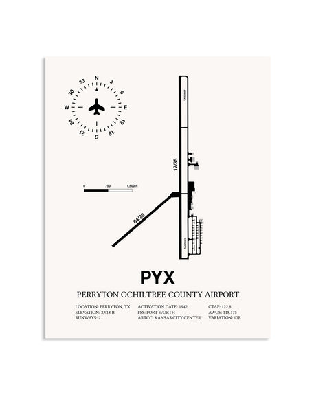 Gray Perryton Ochiltree County Airport framed poster displayed in an airplane hangar