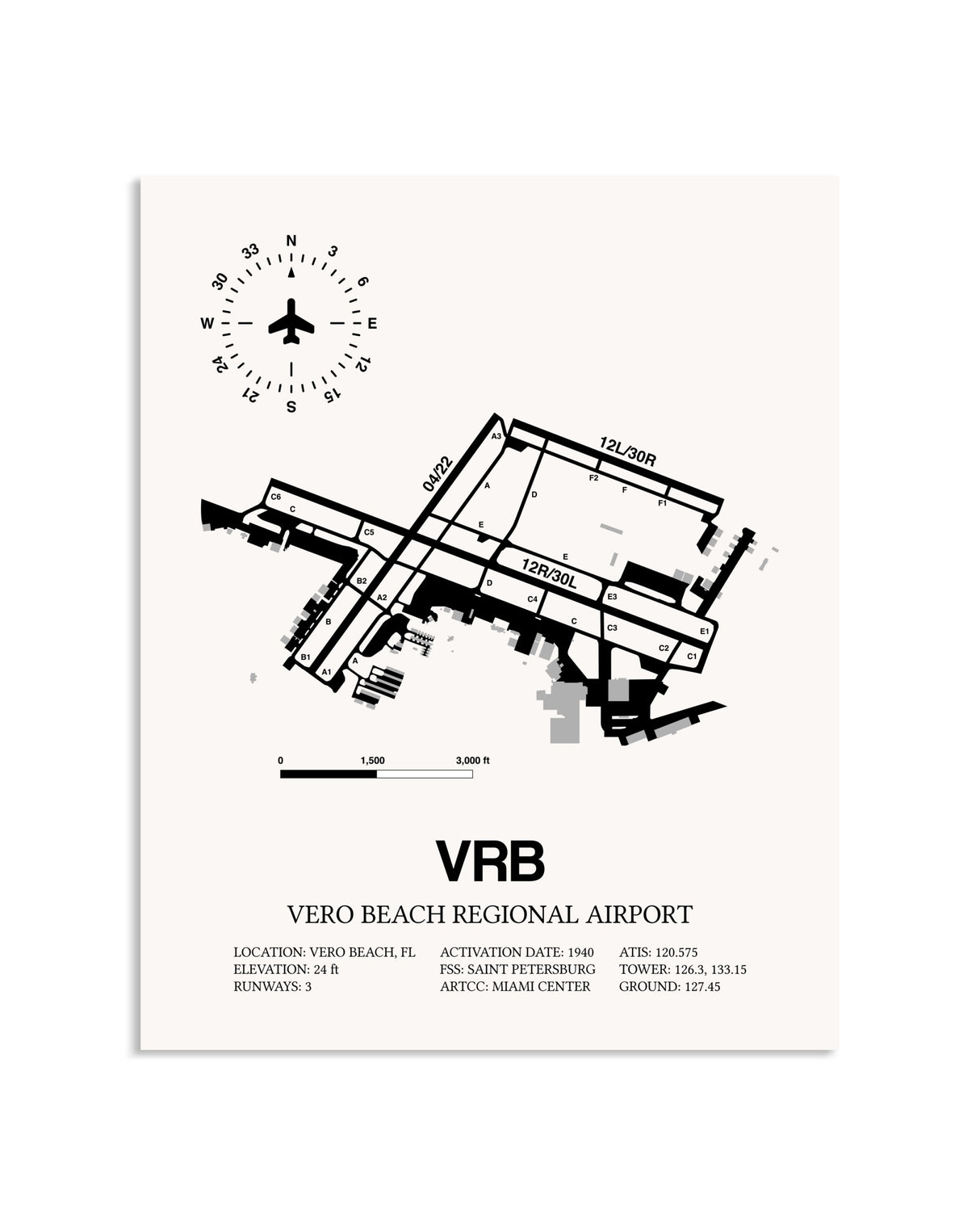 Gray Vero Beach Regional Airport framed poster displayed in an airplane hangar