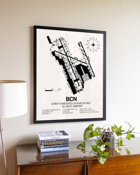 Josep Tarradellas Barcelona-El Prat Airport aviation wall décor in black wood frame