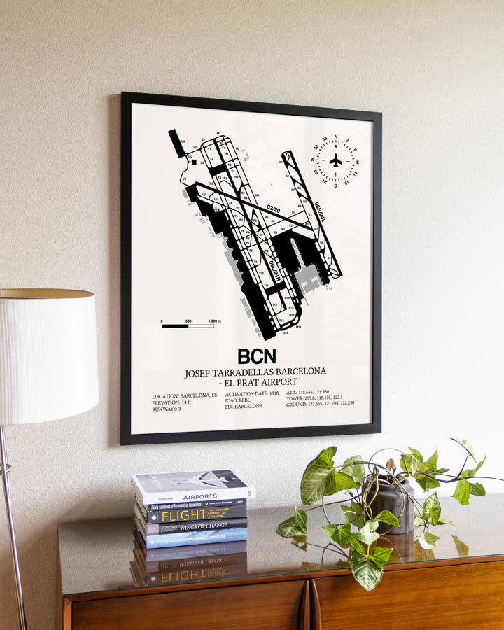 Josep Tarradellas Barcelona-El Prat Airport aviation wall décor in black wood frame