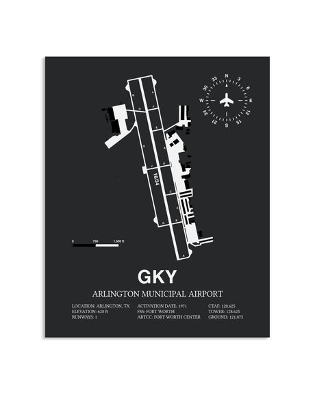 Gray Framed Arlington Municipal Airport layout wall art poster