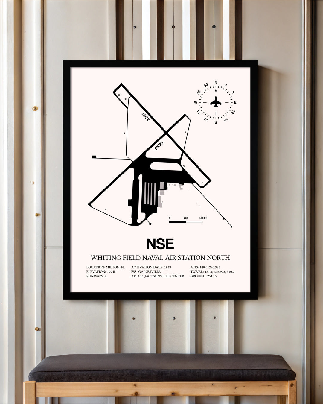 Whiting Field Naval Air Station North framed poster displayed in an airplane hangar