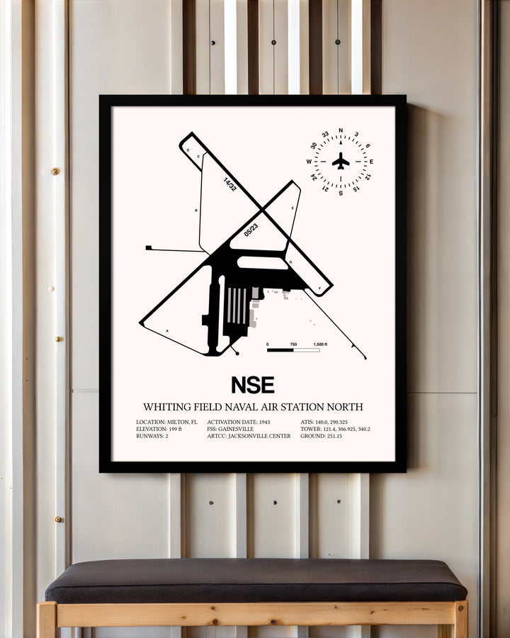 Whiting Field Naval Air Station North framed poster displayed in an airplane hangar