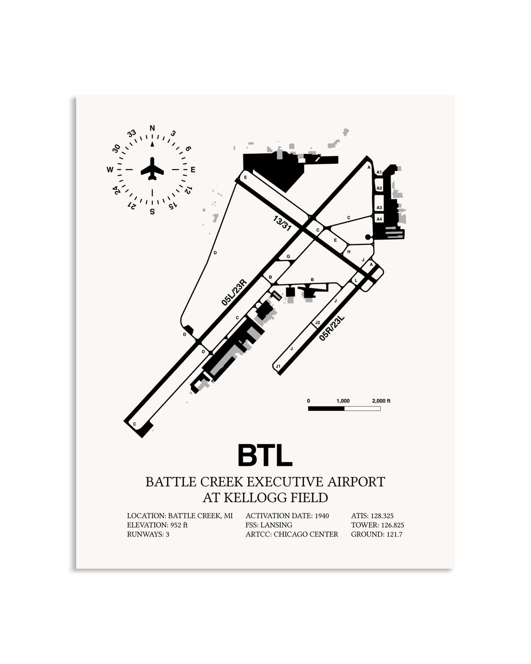 Gray Battle Creek Executive Airport At Kellogg Field framed poster displayed in an airplane hangar