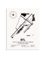 Gray Battle Creek Executive Airport At Kellogg Field framed poster displayed in an airplane hangar