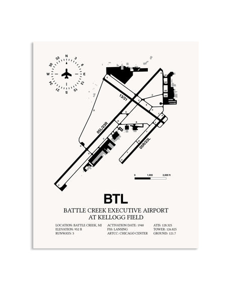 Gray Battle Creek Executive Airport At Kellogg Field framed poster displayed in an airplane hangar