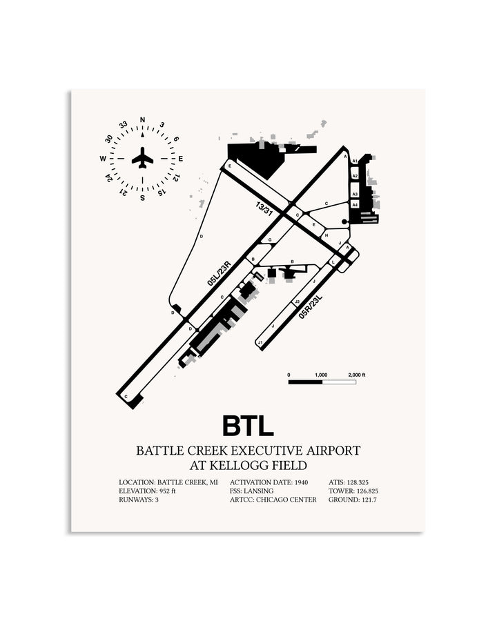 Gray Battle Creek Executive Airport At Kellogg Field framed poster displayed in an airplane hangar