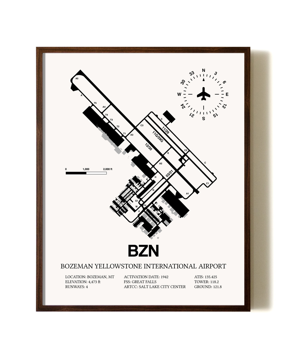 Bozeman Yellowstone International Airport aviation print in walnut frame