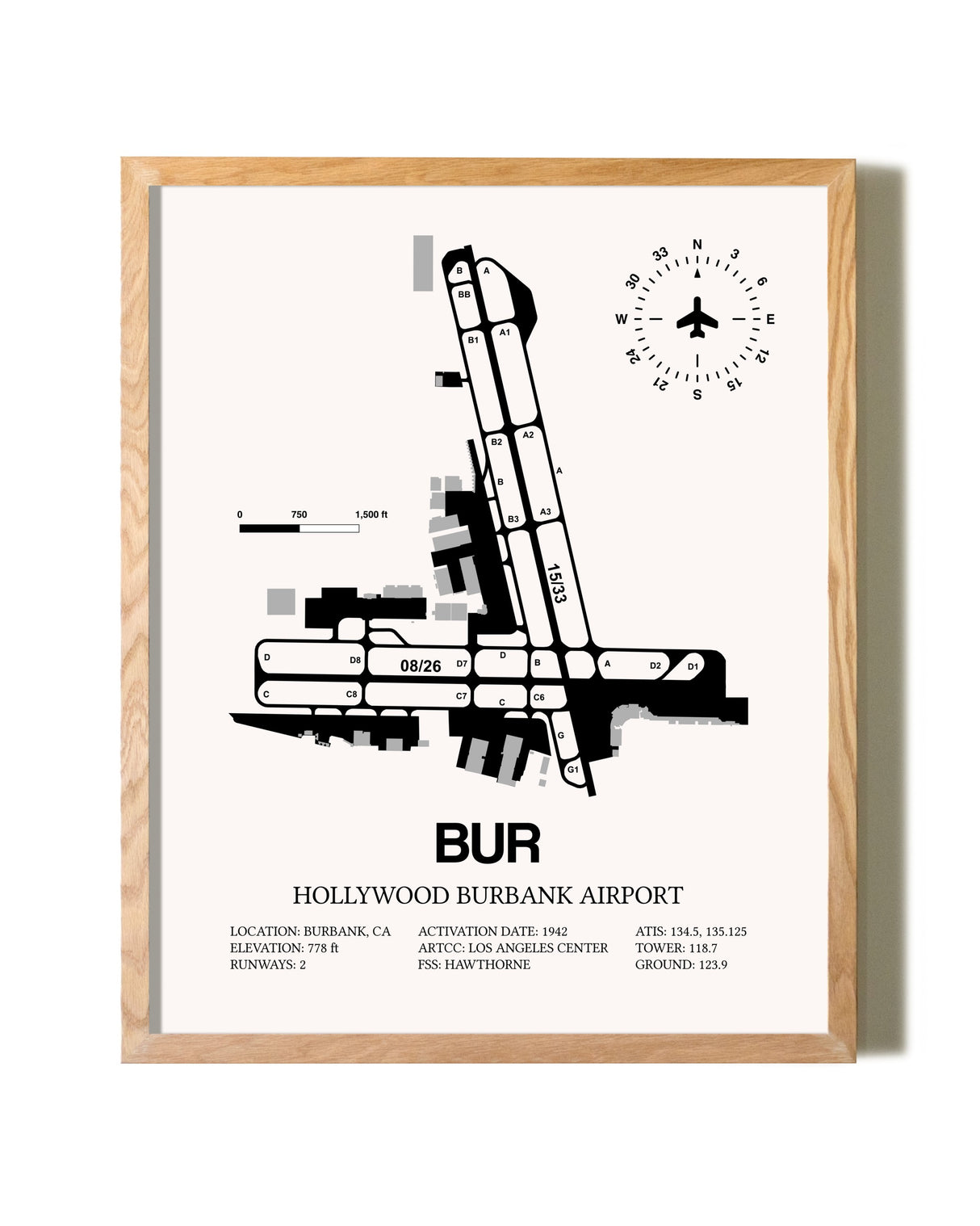 Hollywood Burbank Airport framed print in natural wood frame