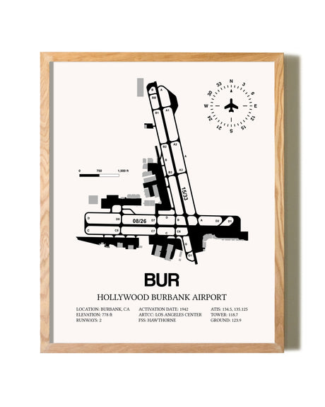 Hollywood Burbank Airport framed print in natural wood frame