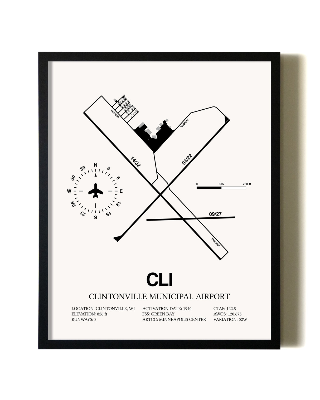 Framed Clintonville Municipal Airport wall art poster in black frame