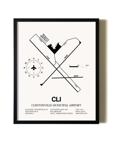 Framed Clintonville Municipal Airport wall art poster in black frame