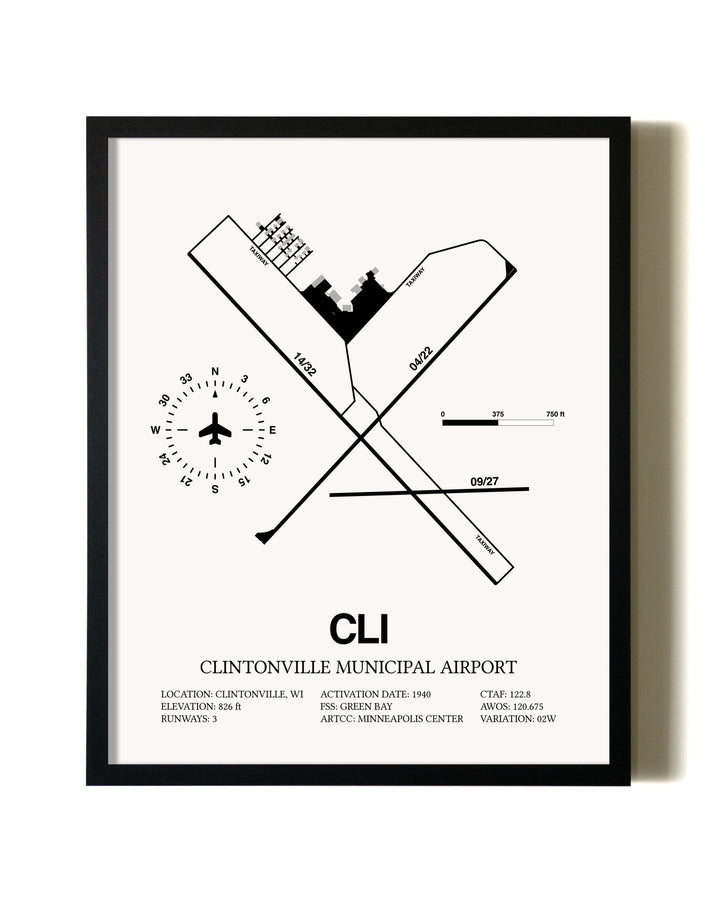 Framed Clintonville Municipal Airport wall art poster in black frame