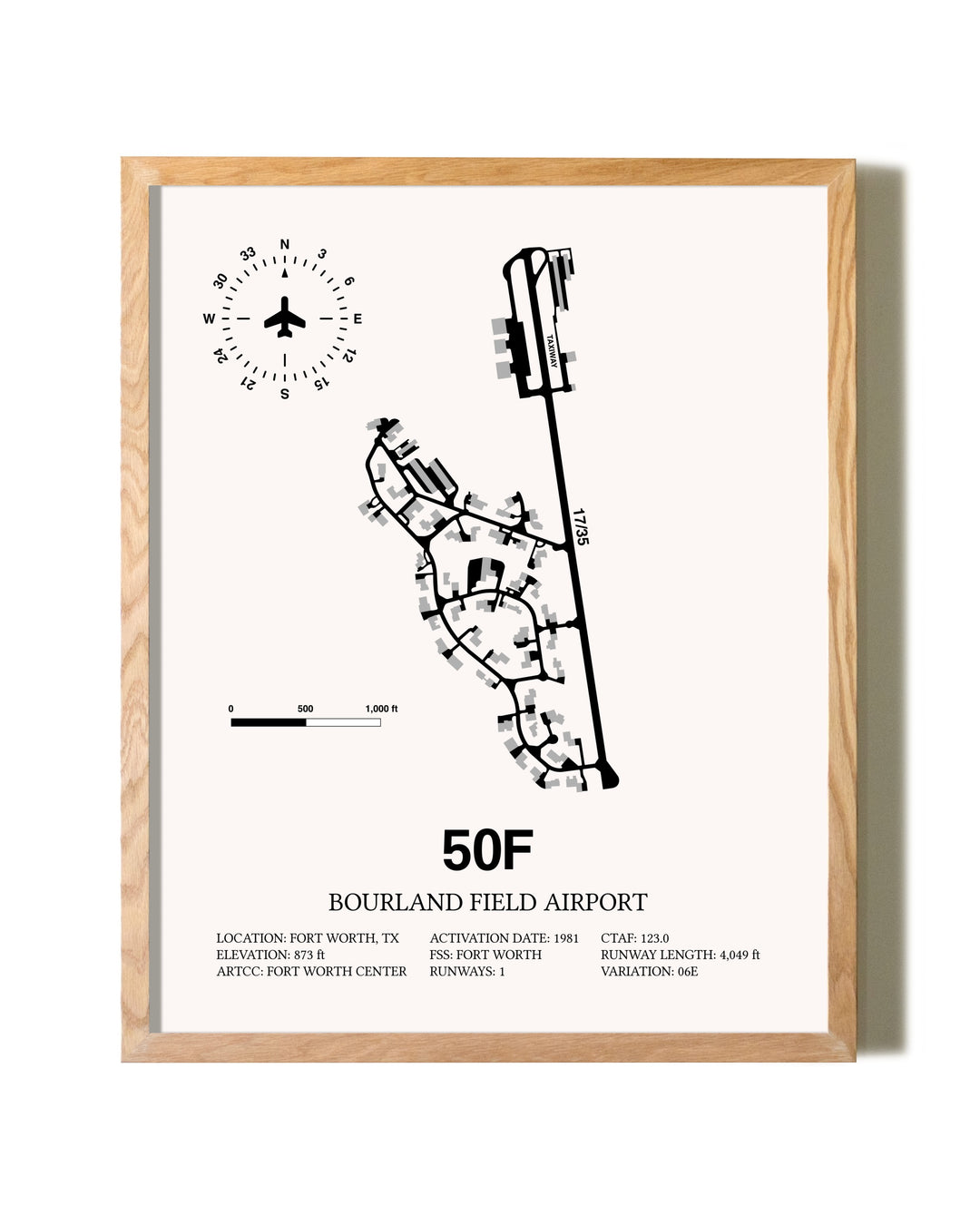 Bourland Field Airport framed print in natural wood frame