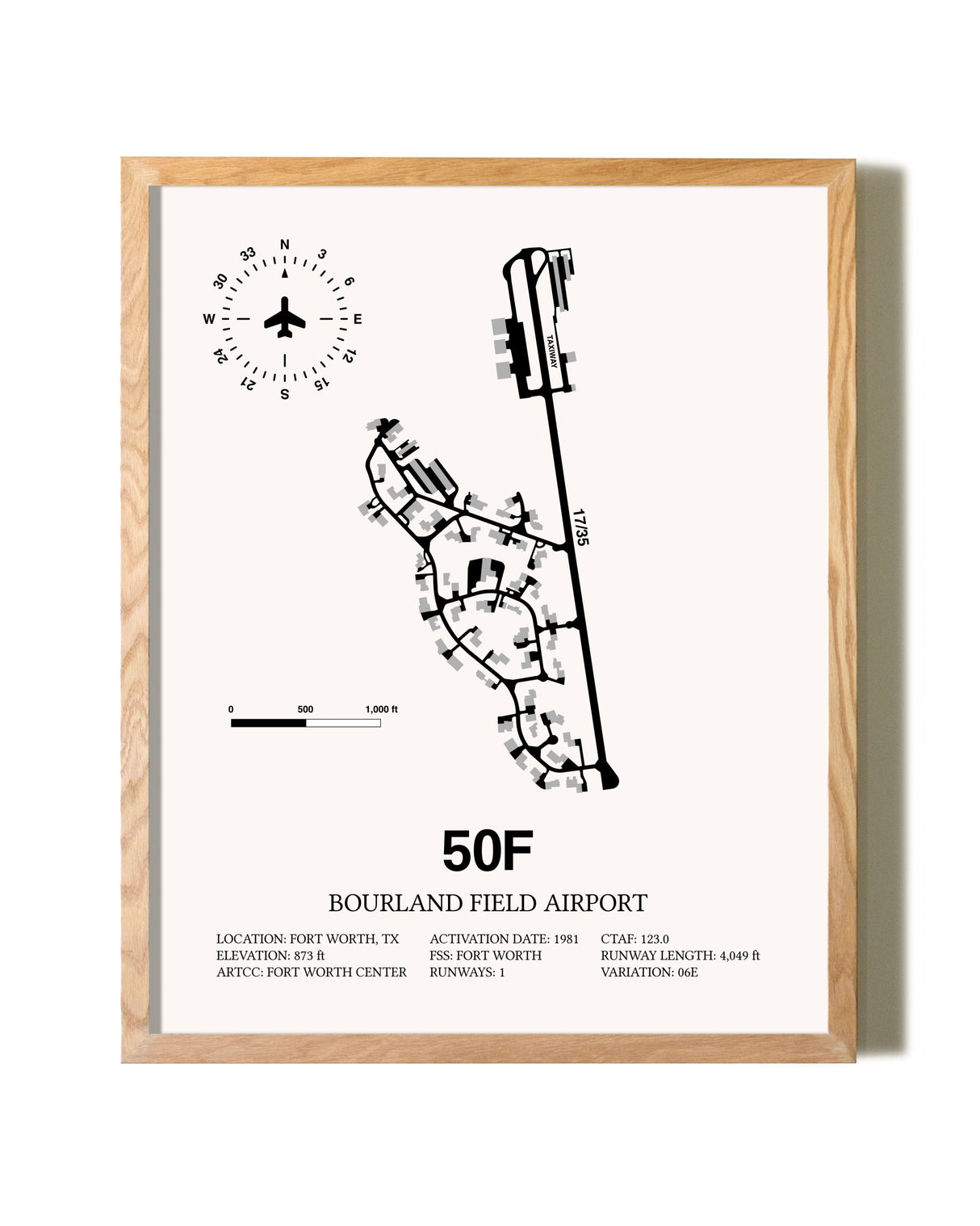 Bourland Field Airport framed print in natural wood frame