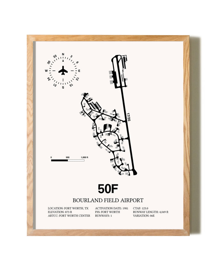 Bourland Field Airport framed print in natural wood frame