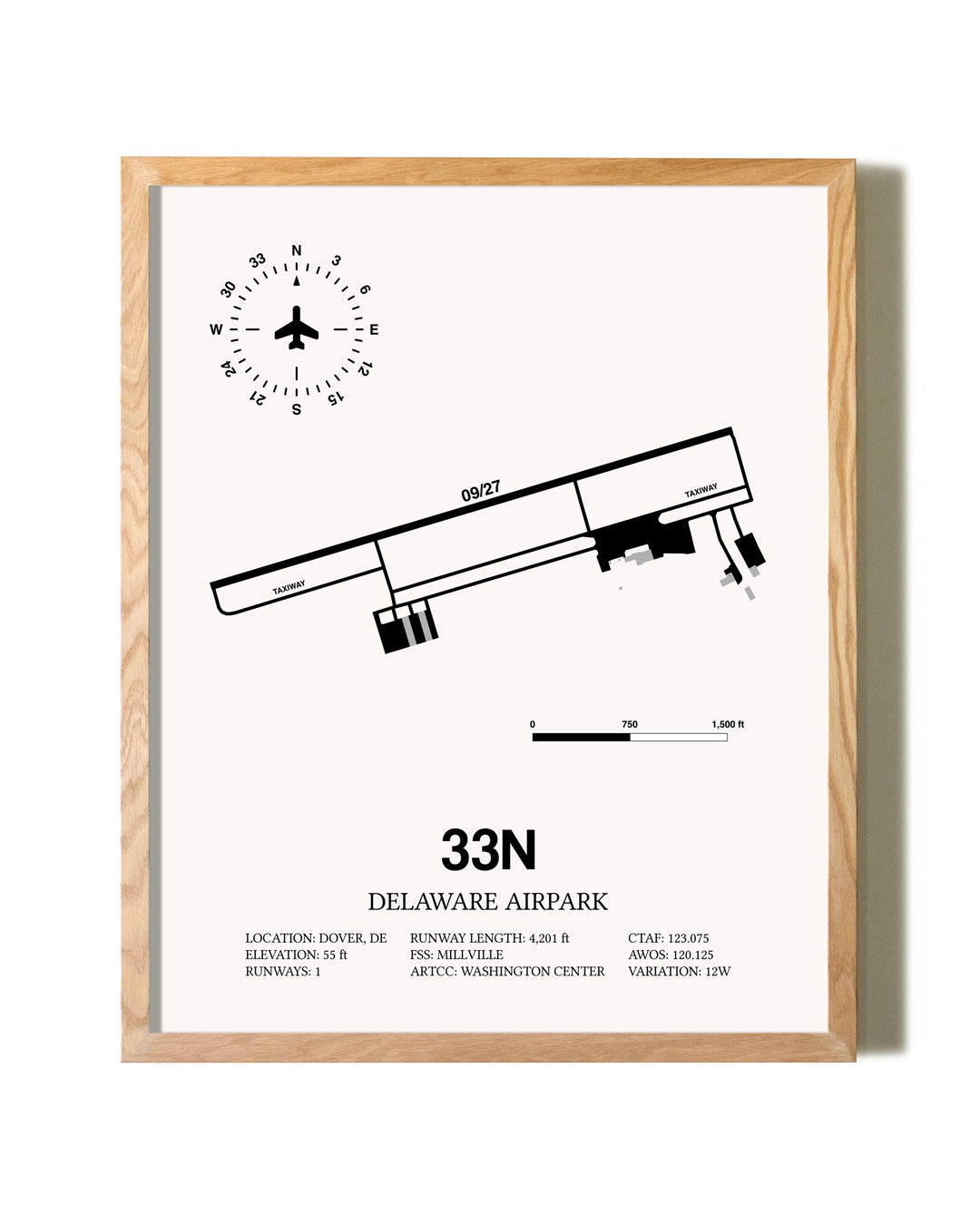Delaware Airpark framed print in natural wood frame