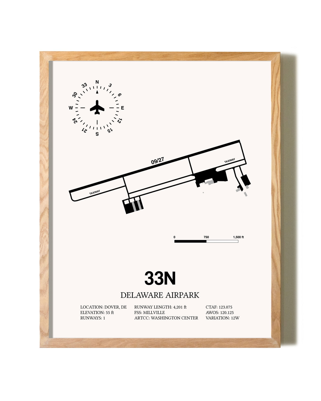 Delaware Airpark framed print in natural wood frame