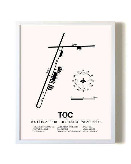Toccoa Airport - R.G. Letourneau Field airport map poster in oak frame