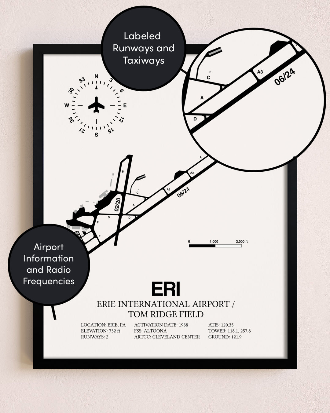 Framed Erie International Airport / Tom Ridge Field layout wall art poster