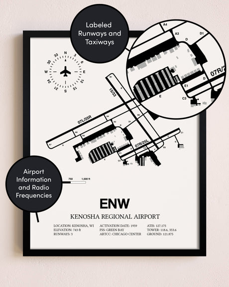Framed Kenosha Regional Airport layout wall art poster