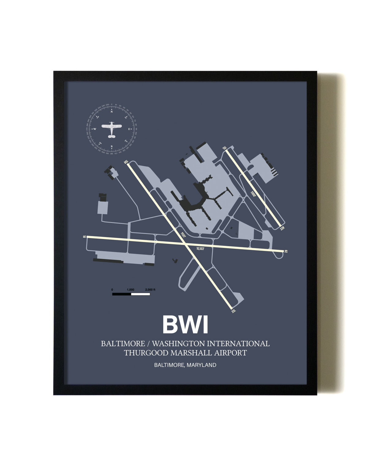 Blue and Cream Framed Baltimore/Washington International Thurgood Marshall Airport layout wall art poster