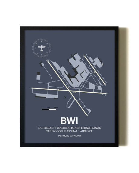 Blue and Cream Framed Baltimore/Washington International Thurgood Marshall Airport layout wall art poster
