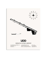 Gray Bermuda Dunes Airport framed poster displayed in an airplane hangar