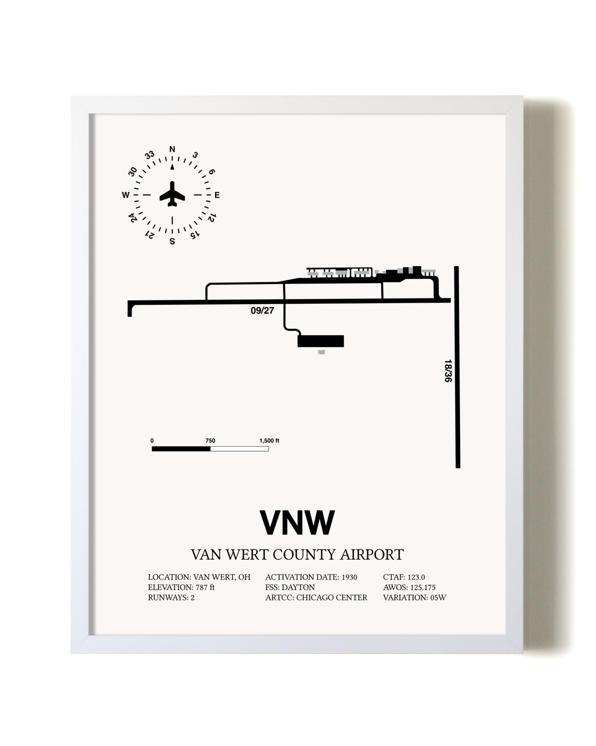 Van Wert County Airport airport map poster in oak frame