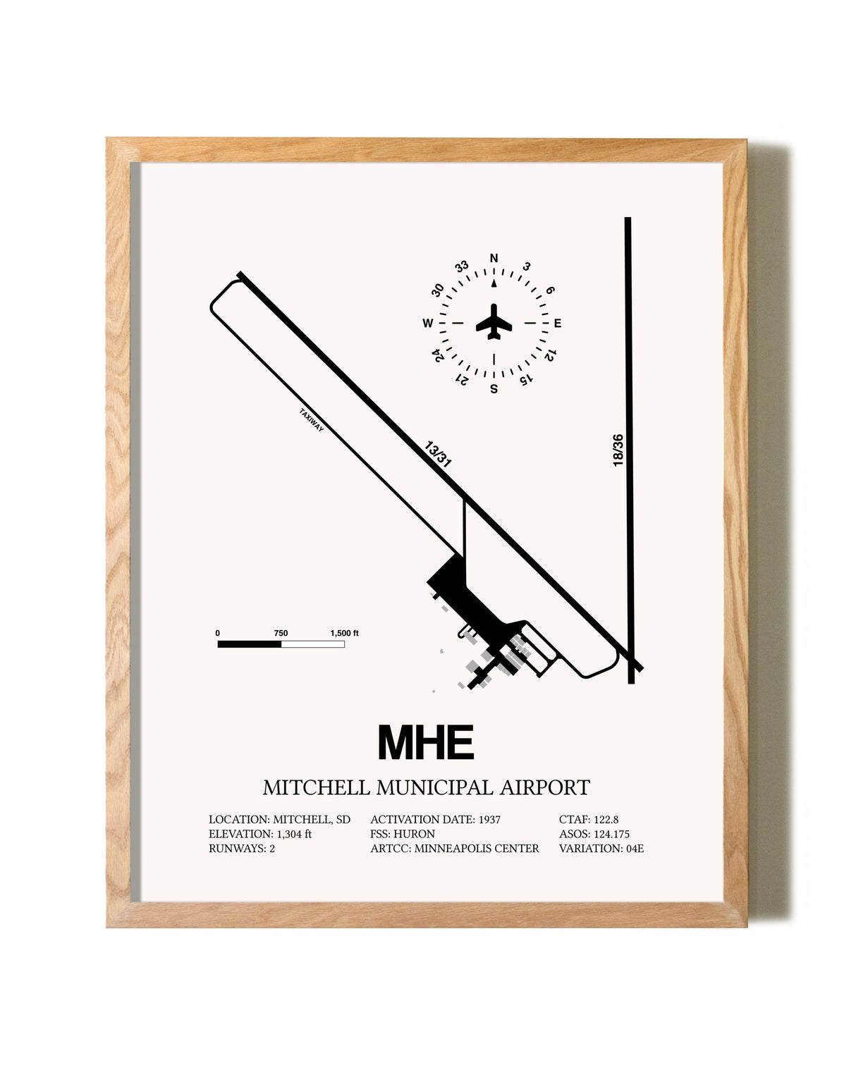 Mitchell Municipal Airport framed print in natural wood frame