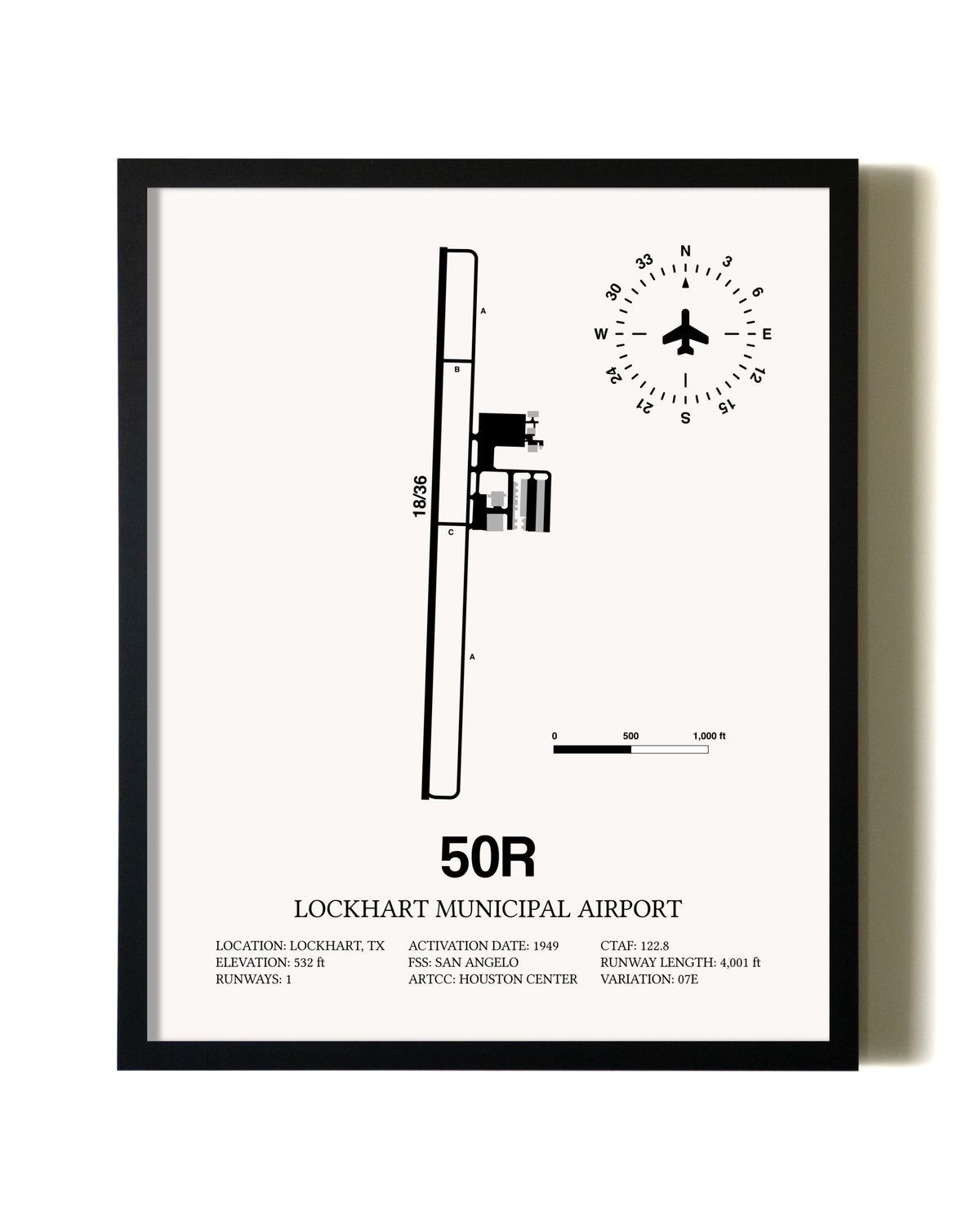 Framed Lockhart Municipal Airport wall art poster in black frame