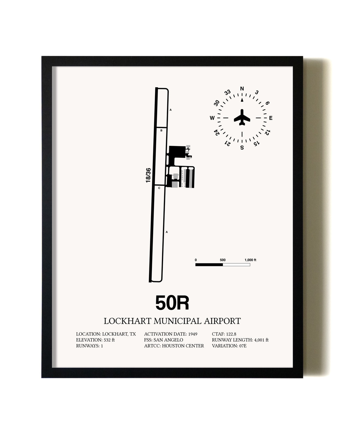 Framed Lockhart Municipal Airport wall art poster in black frame