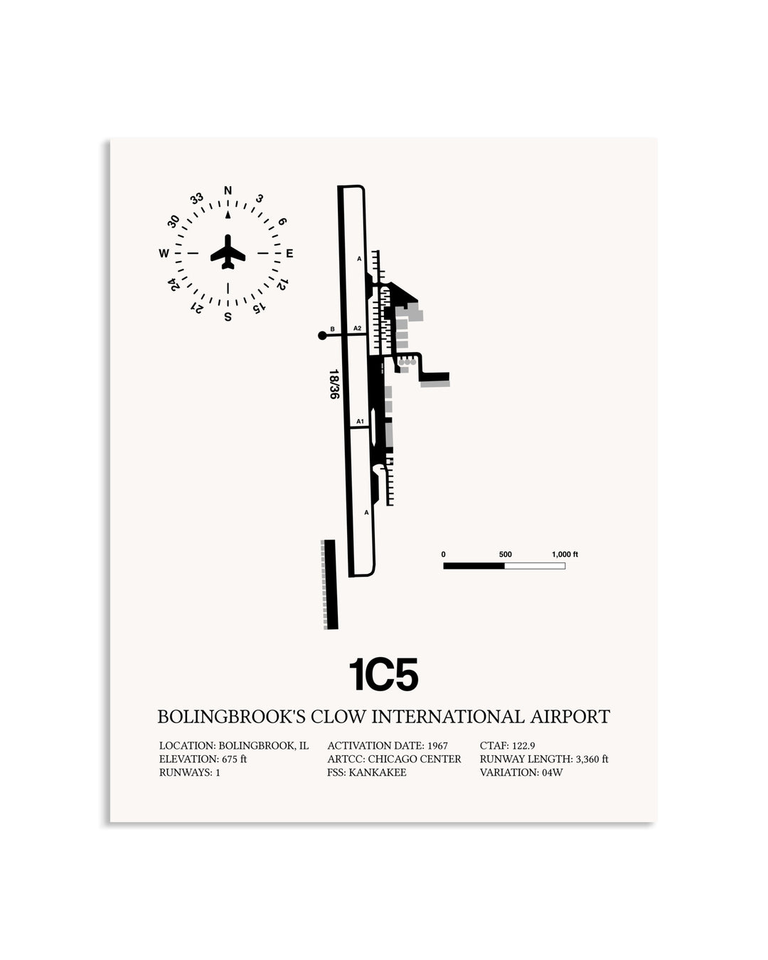 Gray Bolingbrook's Clow International Airport framed poster displayed in an airplane hangar