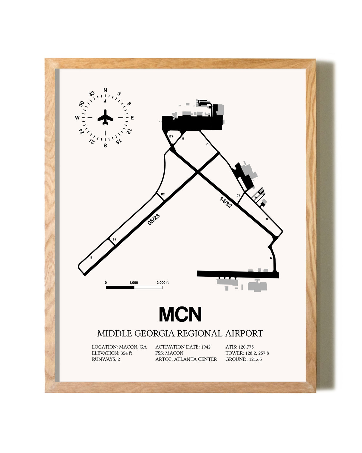 Middle Georgia Regional Airport framed print in natural wood frame