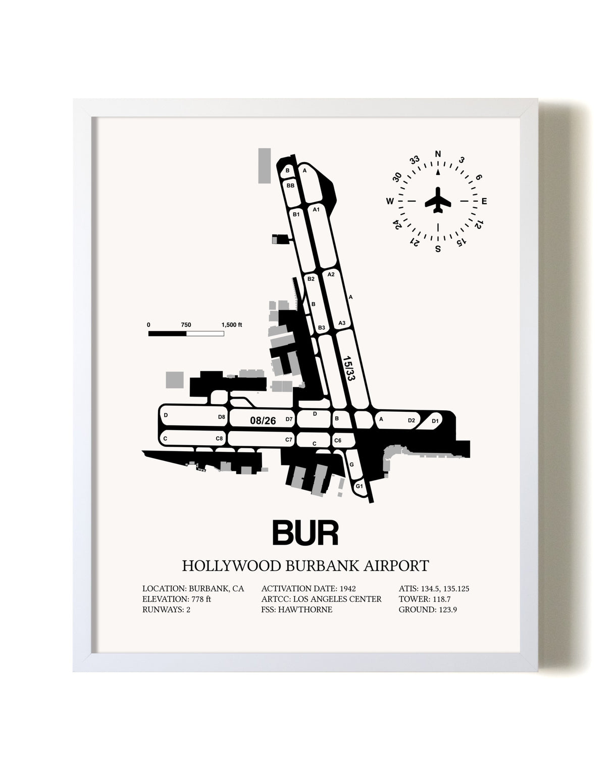 Hollywood Burbank Airport airport map poster in oak frame