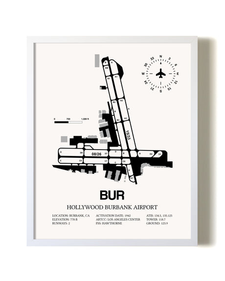 Hollywood Burbank Airport airport map poster in oak frame