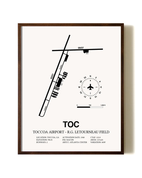 Toccoa Airport - R.G. Letourneau Field aviation print in walnut frame