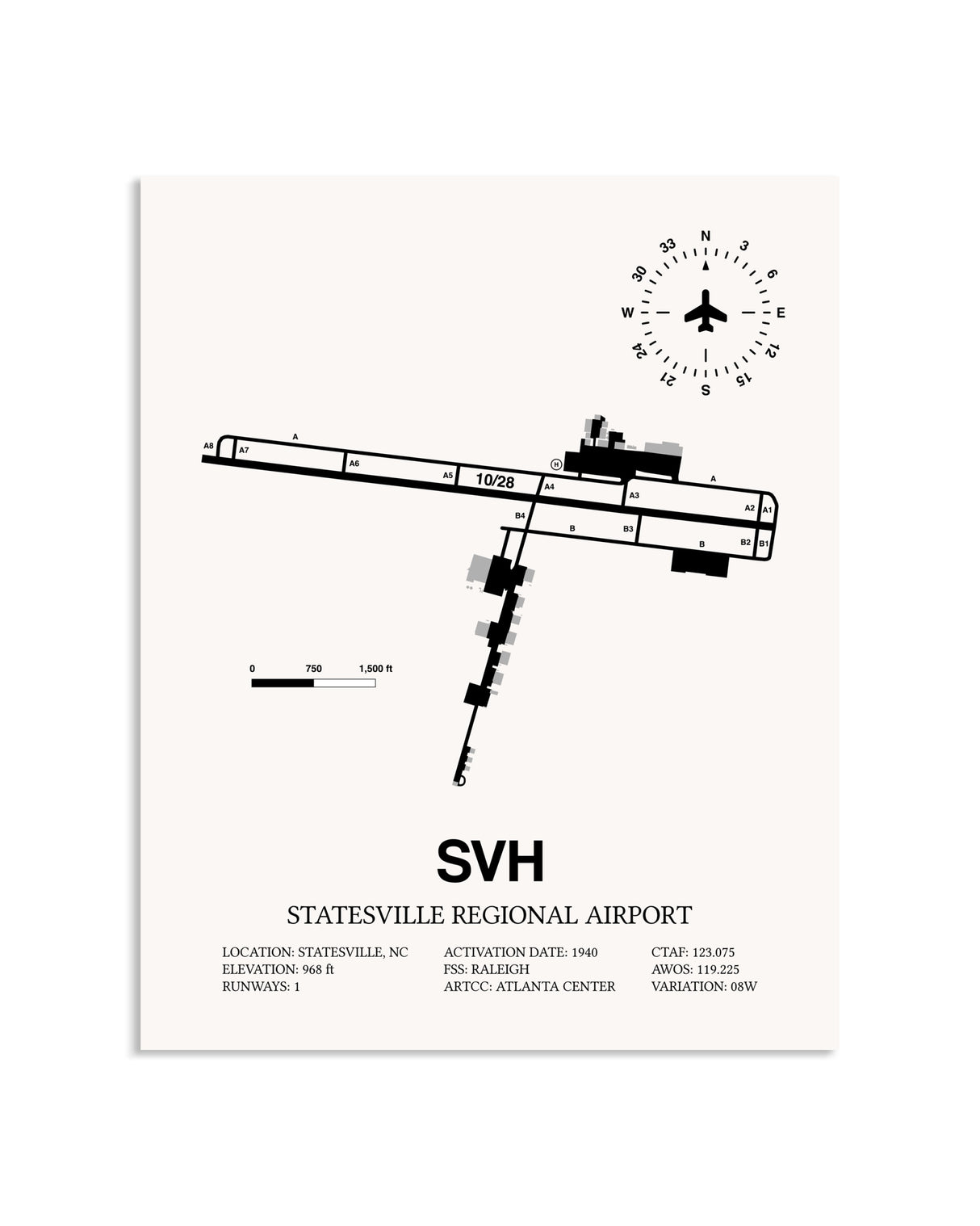 Gray Statesville Regional Airport framed poster displayed in an airplane hangar