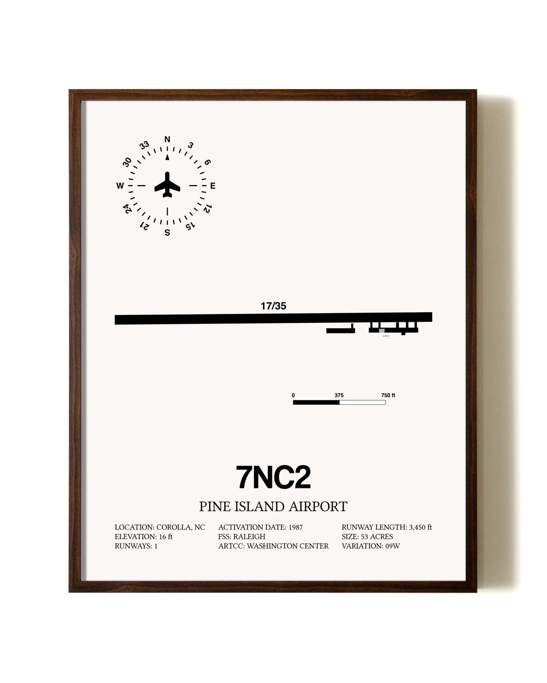 Pine Island Airport aviation print in walnut frame