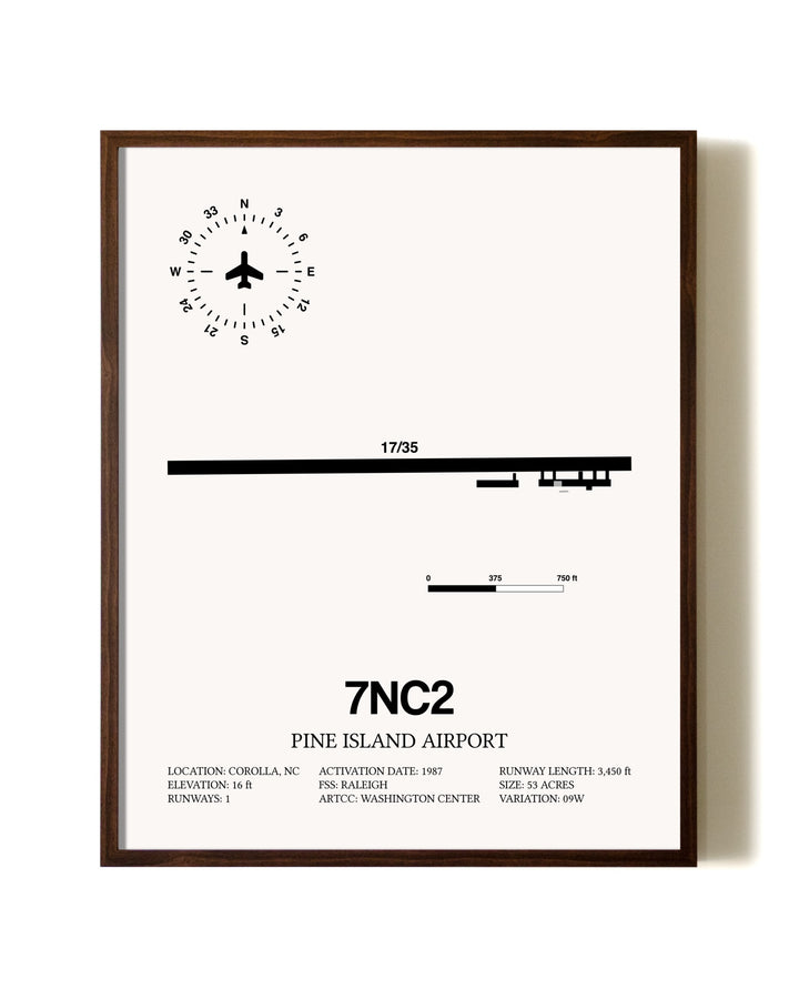Pine Island Airport aviation print in walnut frame