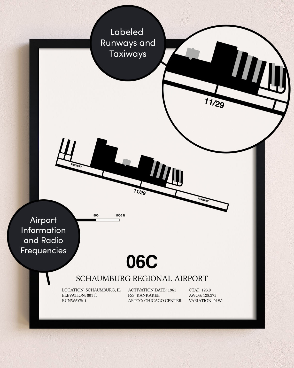 Framed Schaumburg Regional Airport layout wall art poster