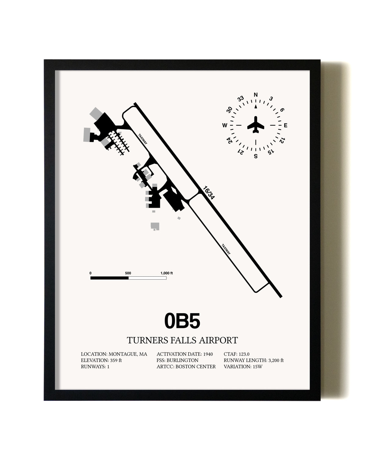 Framed Turners Falls Airport wall art poster in black frame