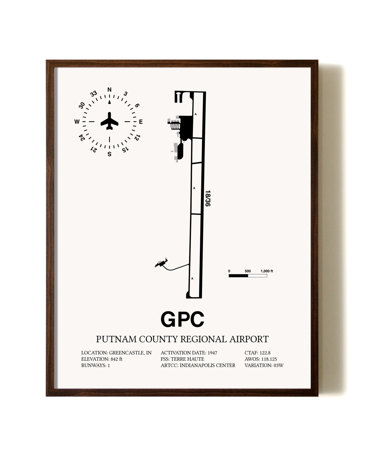 Putnam County Regional Airport aviation print in walnut frame