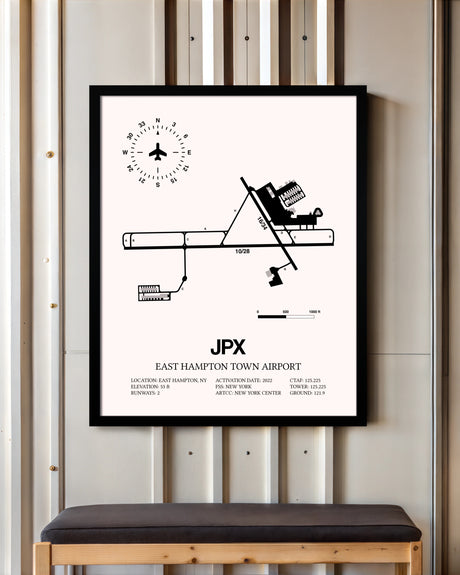East Hampton Town Airport framed poster displayed in an airplane hangar