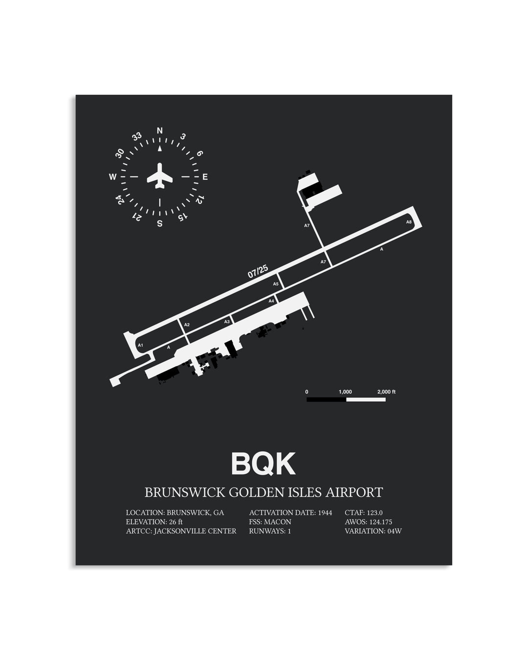 Gray Framed Brunswick Golden Isles Airport layout wall art poster