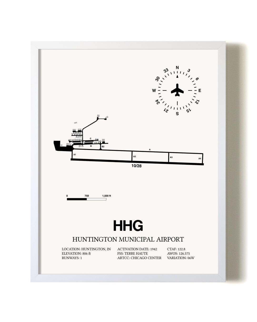 Huntington Municipal Airport airport map poster in oak frame