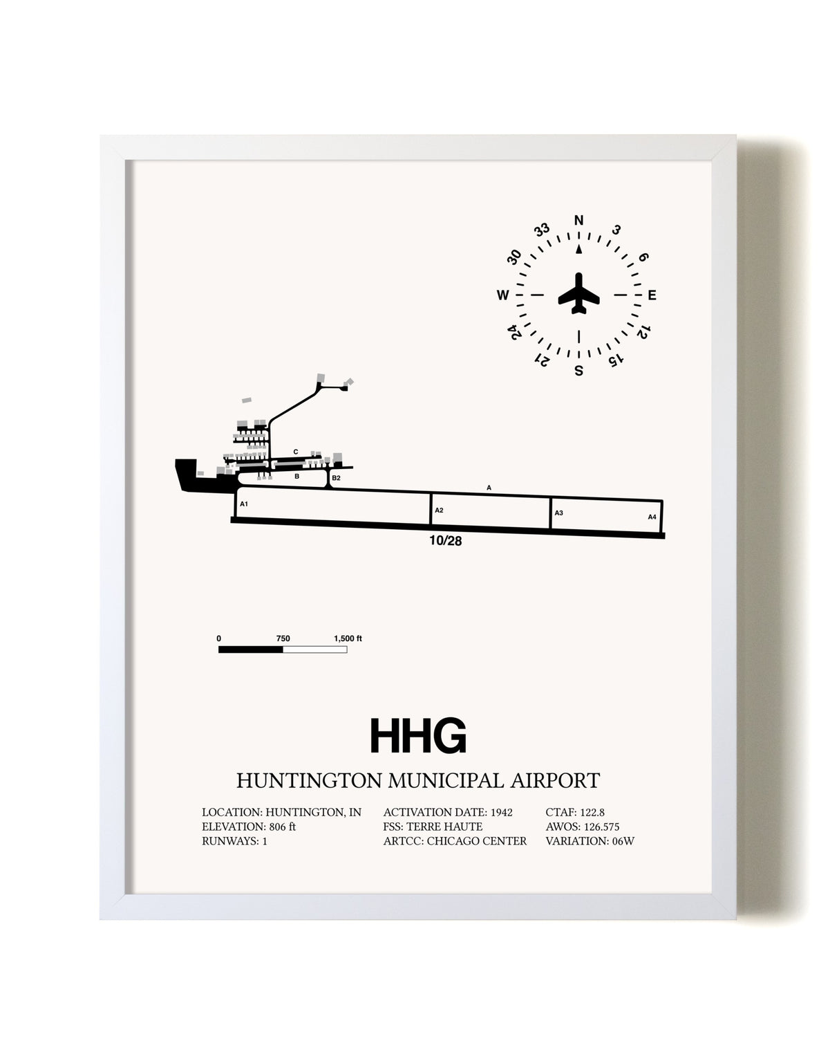 Huntington Municipal Airport airport map poster in oak frame