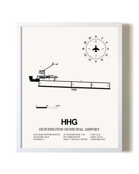 Huntington Municipal Airport airport map poster in oak frame